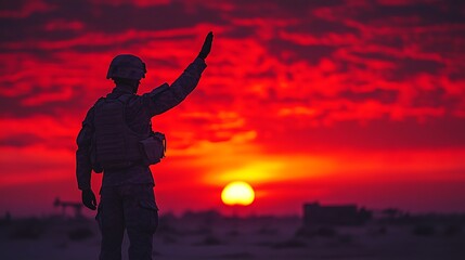A soldier in silhouette waves goodbye as the sun sets over a desert landscape.