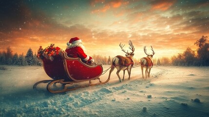 Santa claus riding sleigh with reindeer during sunset in winter landscape