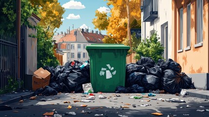 Overflowing Recycling Bin with Littered Street Scene