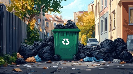 Overflowing Recycling Bin with Littered Street Scene