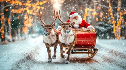 Santa claus riding sleigh pulled by reindeer in snowfall