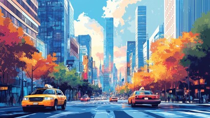 Obraz premium Urban Autumn Scene in New York City with Taxi Cabs and Skyscrapers