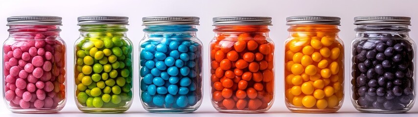 Vibrant Candy Jar Display, a full-body portrait showcasing an array of colorful candy jars arranged neatly against a clean white background, emphasizing their vivid hues and playful charm
