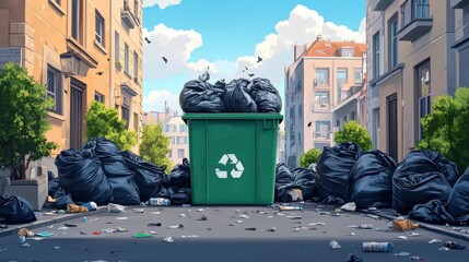 Overflowing Recycling Bin with Littered Street Scene