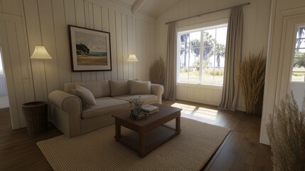 Fototapeta premium A plush beige sofa adorned with soft, fluffy cushions rests in a sunlit room, offering a cozy ambiance and a beautiful view of lush greenery outside