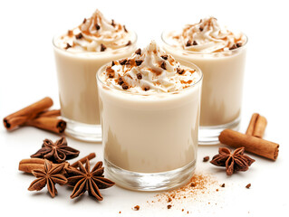 Eggnog with whipped cream, cinnamon, and star anise, styled on a white background. Ideal for holiday menus, ads, or seasonal blog content. Creamy eggnog served in multiple glasses