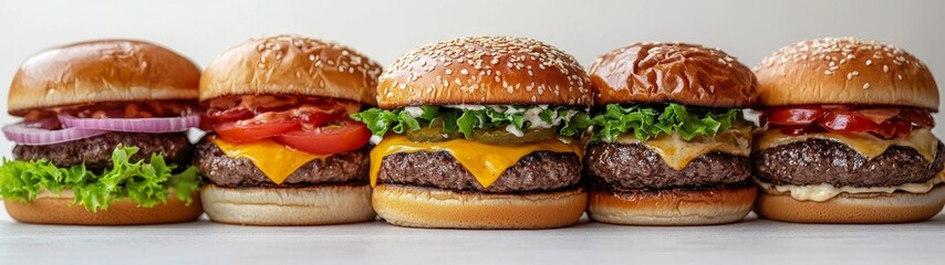 Stacked Cheeseburgers, a vibrant display of mouthwatering cheeseburgers piled high with fresh toppings against a clean white backdrop, emphasizing their deliciousness and appeal.