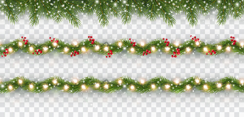 Borders with green fir branches, lights isolated on transparent background. Pine, xmas evergreen plants banners. Vector snow Christmas tree garland set