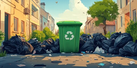 Overflowing Recycling Bin with Littered Street Scene