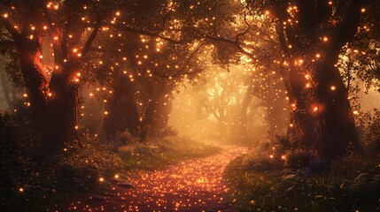 A magical forest path lit by glowing orbs.