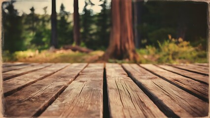 Obraz premium Image of front rustic wood boards and background of trees in forest. image is retro toned