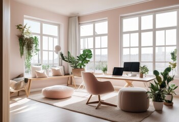 Fototapeta premium serene office space featuring soft color palette comfortable textiles tranquil work environment, colors, fabrics, design, decor, furniture, workspace