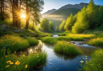 serene natural landscape lush gentle peaceful atmosphere inviting calm relaxation, greenery, streams, nature, beauty, outdoors, scenery, sunlight, trees