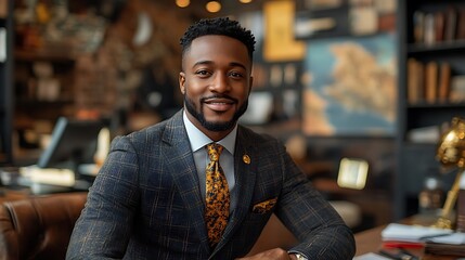 Obraz premium A smiling African American businessman in a plaid suit sits in his office.