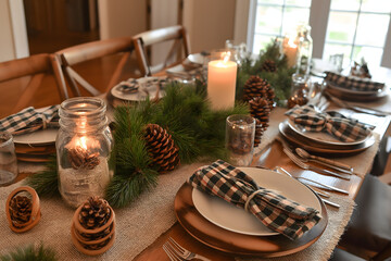 A charming table setup featuring a burlap runner with a centerpiece of pinecones, evergreen branches, and candles in mason jars. Wooden place settings, plaid napkins, and handcrafted wooden napkin rin
