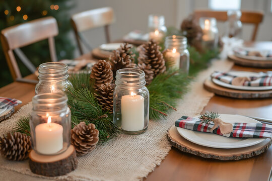 A charming table setup featuring a burlap runner with a centerpiece of pinecones, evergreen branches, and candles in mason jars. Wooden place settings, plaid napkins, and handcrafted wooden napkin rin - Powered by Adobe