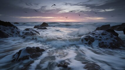 Fototapeta premium The waves of the ocean are breaking against the rocks. splashing ocean waves at sunset.