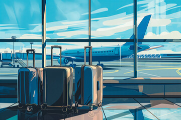 Obraz premium Illustration of modern suitcases on handle placed on floor against plane behind glass wall in airport
