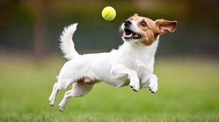The dog enthusiastically jumps in the air, tail wagging, as it chases after a bright green tennis ball across the lush green grass in the backyard.