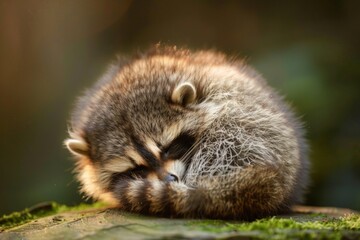 A baby raccoon curled up in a ball, its eyes closed and its fur soft and fluffy