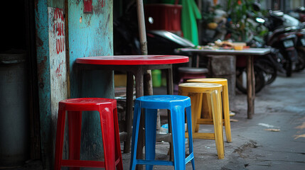 "Plastic stool chair and table, often used in street food settings, featuring simple and durable designs suitable for casual dining."