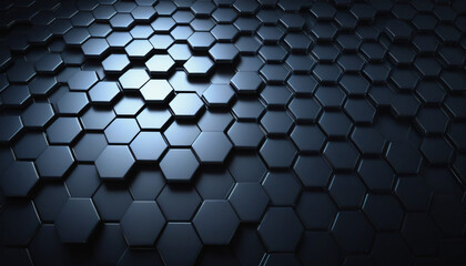 Futuristic Abstract Background with Hexagonal Grid, Metallic Sheen, Silver, Chrome, Dark Blue & Glowing Lights
