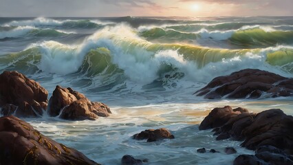 Obraz premium The waves of the ocean are breaking against the rocks. splashing ocean waves at sunset.