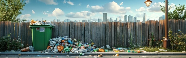 Fototapeta premium Overflowing Recycling Bin with Littered Street Scene