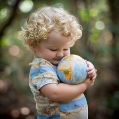 Fototapeta premium Young Boy with Blonde Hair Holds Small Globe with Care, Emphasizing Environmental Awareness.
