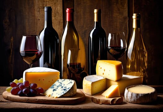 colorful display vibrant wine bottles artfully arranged exquisite selection premium cheeses elegant taste experience, arrangement, gourmet, party, event