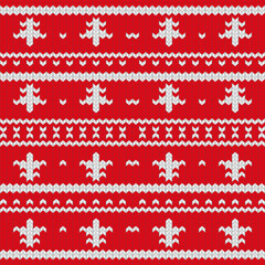 Obraz premium Knitted ornament Christmas ugly sweater seamless pattern design for unisex wear, printable cards, party posters, banners, sublimation. Vector illustration EPS10. Red and white colors.