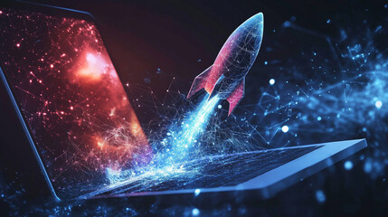 rocket launches from a digital pad or laptop screen, symbolizing the start of a new business venture or innovation. The imagery represents growth, technology, and boundless opportunities in entreprene