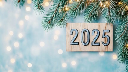 The display features the year 2025 crafted from wood, artfully arranged with fresh evergreen branches and warm, twinkling lights, perfect for welcoming the New Year