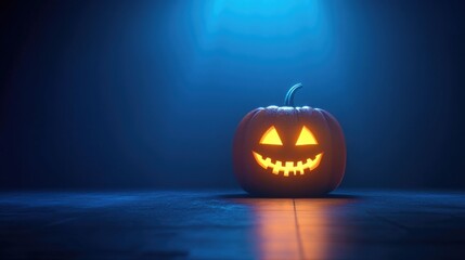 A halloween lit Jack O Lantern in a spotlight glow on a wide dark blue background