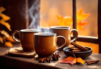 Fototapeta premium cozy mugs filled steaming spiced beverages perfect relaxing experience chilly day, cup, coffee, chai, cinnamon, ginger, herbal, infusion, hot, ceramic