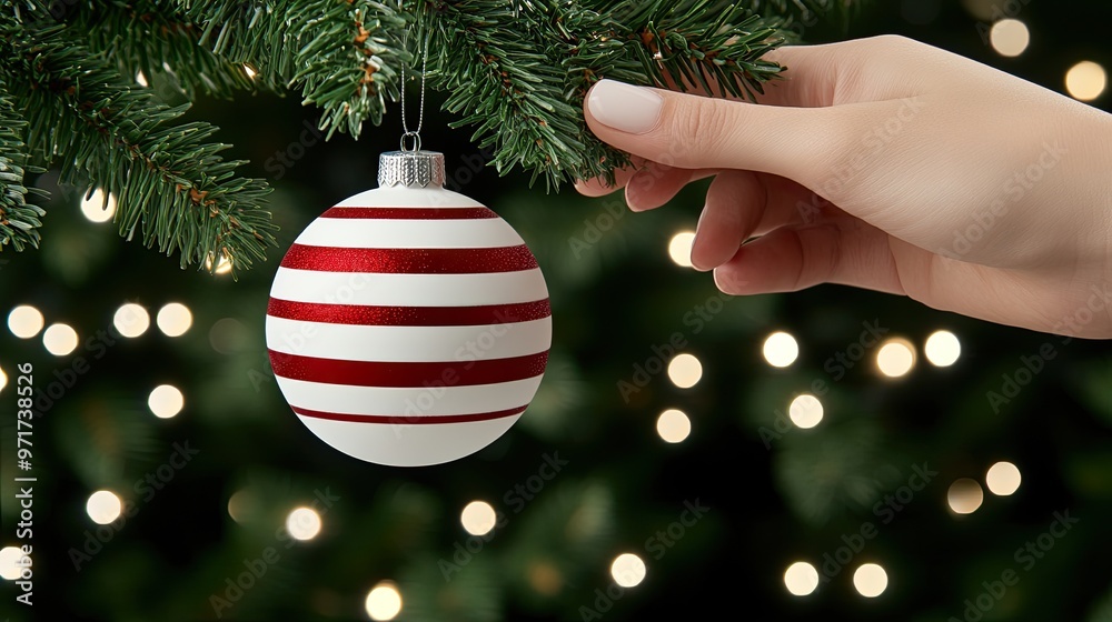 Sticker A beautifully designed red and white ornament dangles from a lush green Christmas tree branch, adorned with warm golden lights, capturing the festive spirit of the holidays.