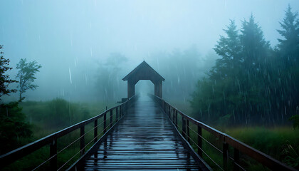 Fototapeta premium Rain in awooden bridge in the forest