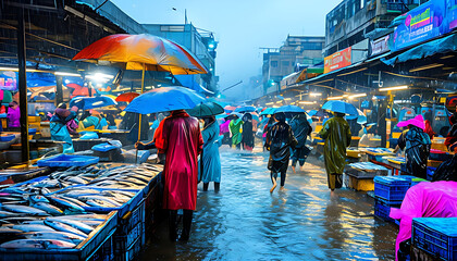 People in a market during a rainy 