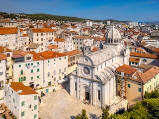 Sibenik, Croatia - July 31, 2024: Aerial view of Sibenik City with St James Cathedral in Croatia