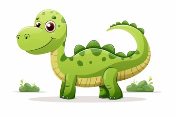 Cute baby dinosaur illustration with big eyes and green skin, featuring a long tail and friendly expression