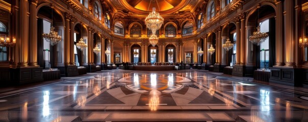 Obraz premium Grand ballroom with elegant decor, opulent and dynamic, Urban, Soft tones, Photograph, Historical beauty
