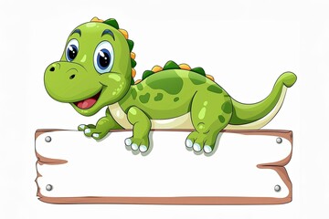 Fototapeta premium Cute green cartoon dinosaur leaning on a blank wooden sign with big expressive eyes and a happy smile
