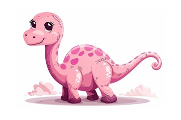 Cute pink dinosaur illustration with spots and spikes, sitting on the ground on a white background