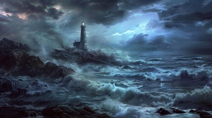 Fototapeta premium A stormy sea crashing against a rocky coastline, with a lone lighthouse standing tall