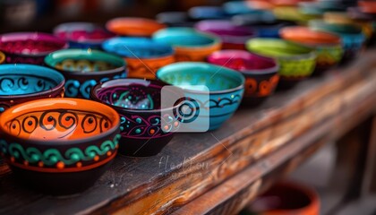 Fototapeta premium Handpainted ceramic bowls, artistic and vibrant, Artisan, Bright hues, Photograph, Craftsmanship