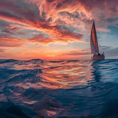 Fototapeta premium Sunset on the ocean. beautiful bright sky, reflection in water, waves.