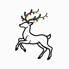 Fototapeta premium Joyful reindeer jumping with colorful holiday lights on its antlers on a white background for festive celebrations 