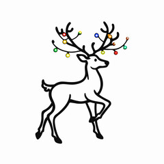 Charming reindeer walking with colorful ornaments on its antlers on a white background for holiday festivities

