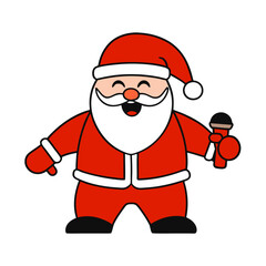 Jolly Santa Claus holding a microphone and smiling in a red suit on a white background for Christmas celebration
