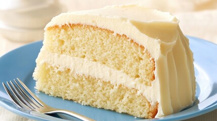 A slice of moist vanilla cake layered with rich creamy frosting is presented on a blue plate, ready to be enjoyed in a warm kitchen environment.